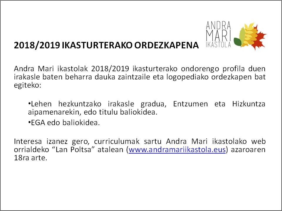 2018/2019 ikasturterako ordezkapena